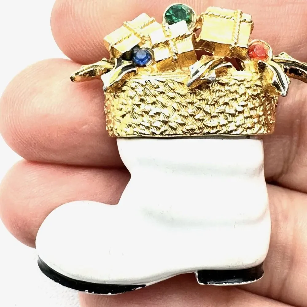 Vintage Arthur Pepper Christmas Brooch ART White Enamel Rhinestone Boot Stocking